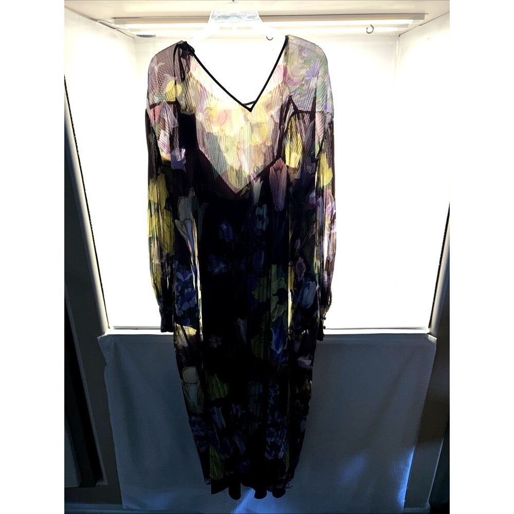 Florere Pleated Floral Maxi Dress Chemise Liner Long Sleeve Tie Back Purple SZ 4